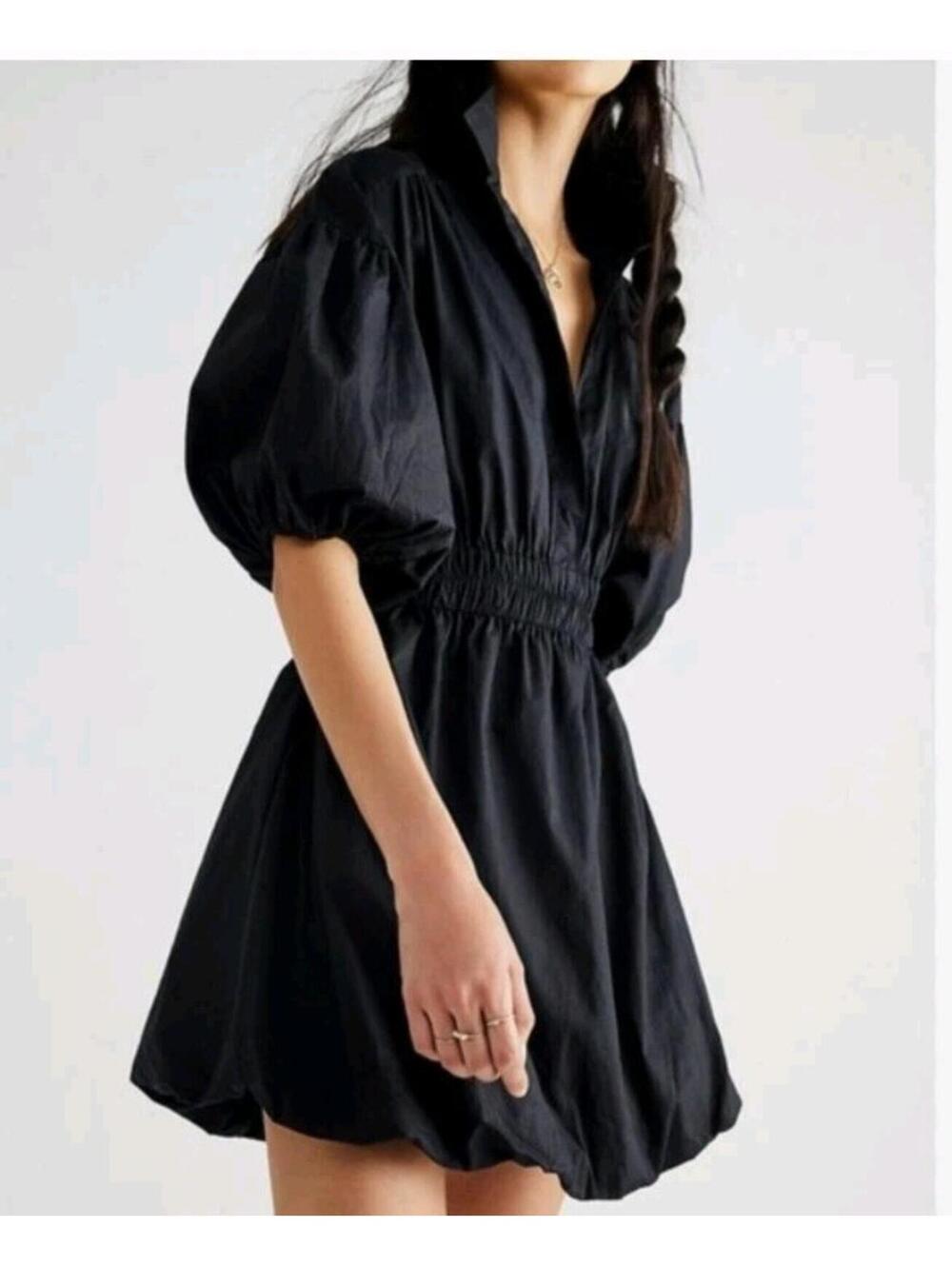 Free People Karolina Women's Dress Size S Poplin Mini in Black Bubble Hem #CC